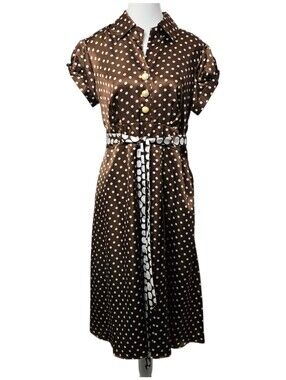 Dress Barn brown white polka dot satin dress size 10 retro pinup coquette